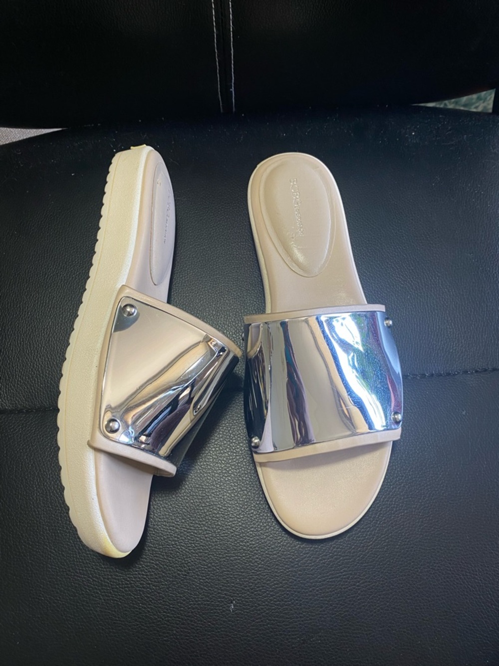 BCBGeneration Reflective Silver Metallic Slide Sandals Size 7.5
